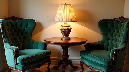 A cozy nook with a round table, velvet chairs, and a golden table lamp