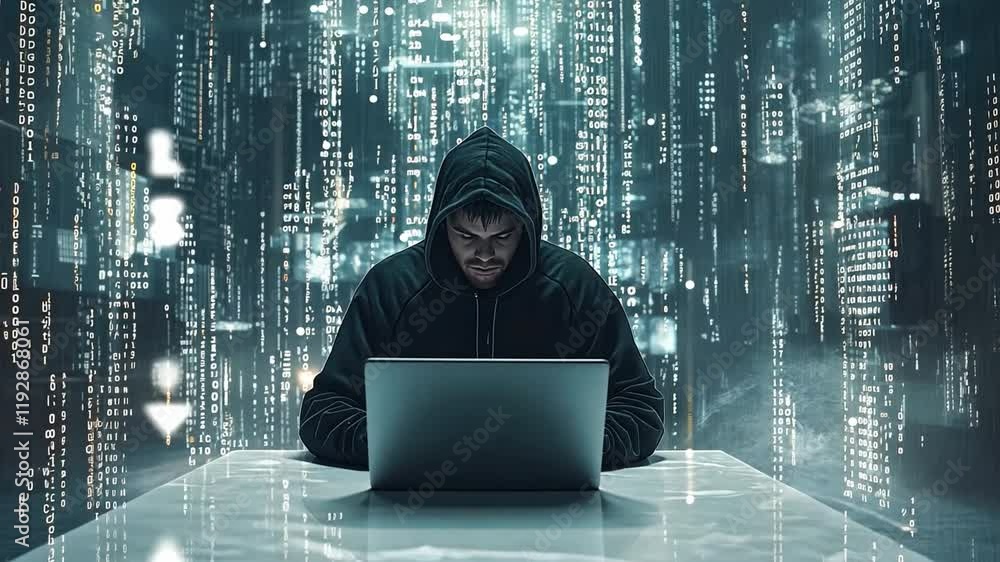 Poster cybersecurity hacker at work: a hooded figure sits intently at a laptop, immersed in a digital world
