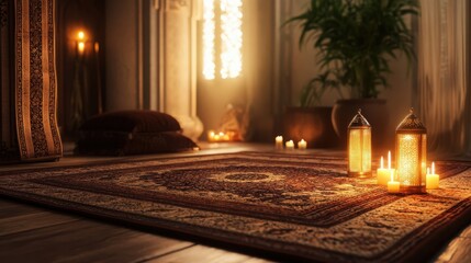 Warm Interior Scene with Lit Candles and Detailed Rug with Decorative Lanterns