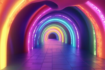 Colorful illuminated arches creating a vibrant tunnel effect in a modern art installation located...