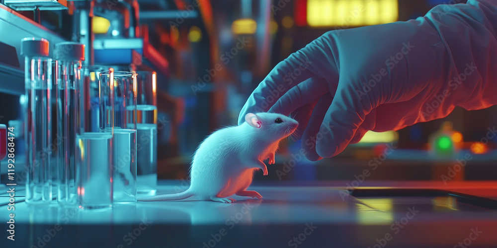 Poster laboratory scene with a white mouse on a table, gently touched by a gloved hand. test tubes and adva