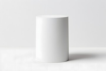 White Cylinder Mockup: Design Presentation, Minimalist Background, Studio Shot, Clean Aesthetic, Simple Shape, Cylindrical Form, Blank Template, Product Display,  Elevated Platform, Modern Design