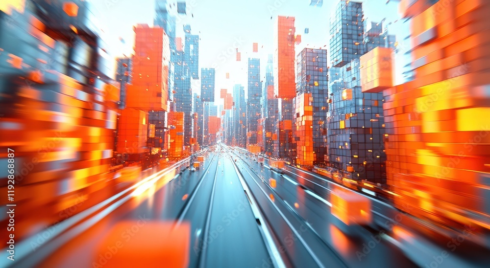 Poster futuristic cityscape with abstract red cubes and motion blur effect representing urban development a