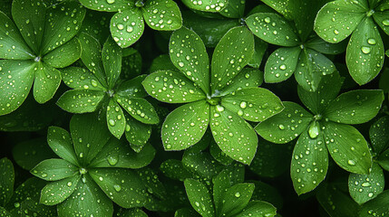 Fototapeta premium Fresh Green Leaves with Dew Drops - Nature’s Pure Serenity