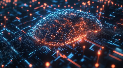 Fototapeta premium Futuristic digital brain with glowing neural network connections on circuit board.