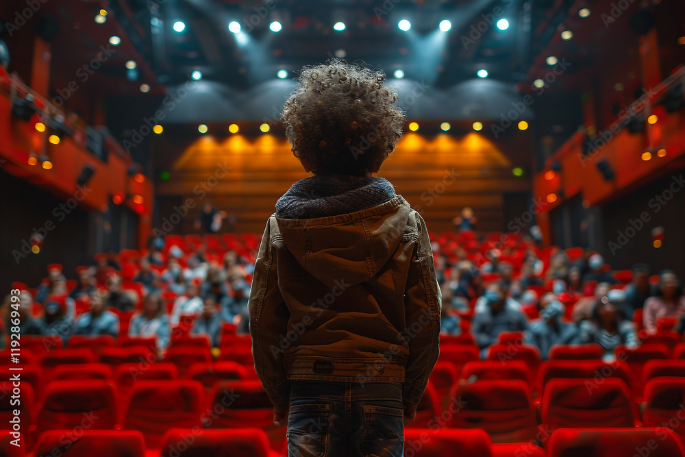 Poster designed with generative ai rear view photo of a beautiful talented boy standing on a stage with ill