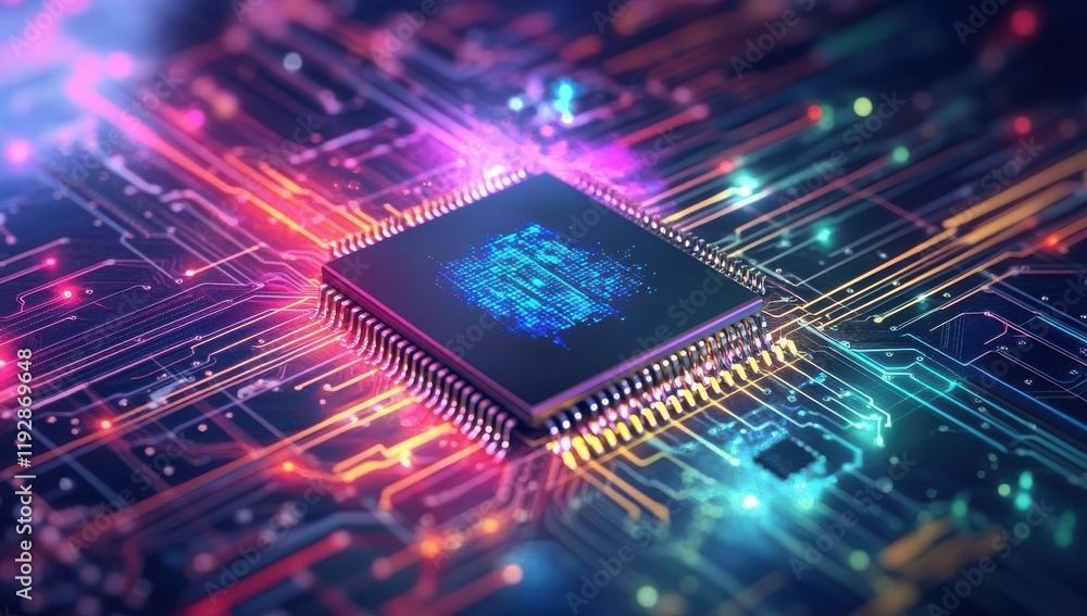 Poster Futuristic Close-Up of a Microchip Surrounded by Glowing Circuit Patterns Featuring Colorful Lights and High-Tech Digital Elements