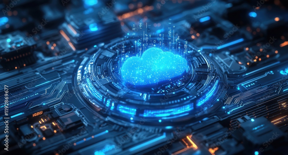 Poster futuristic cloud computing technology concept with digital data visualizations for innovative busine