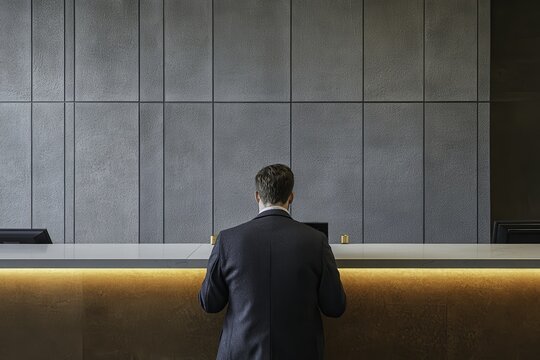 Businessman at Reception in Modern Interior Setting