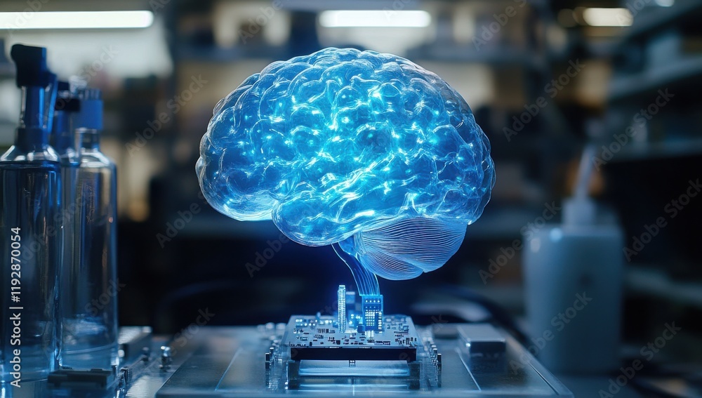 Aufkleber futuristic concept of artificial intelligence represented by a glowing blue brain above a circuit bo