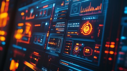Futuristic digital dashboard display with glowing interface elements and data visualizations.