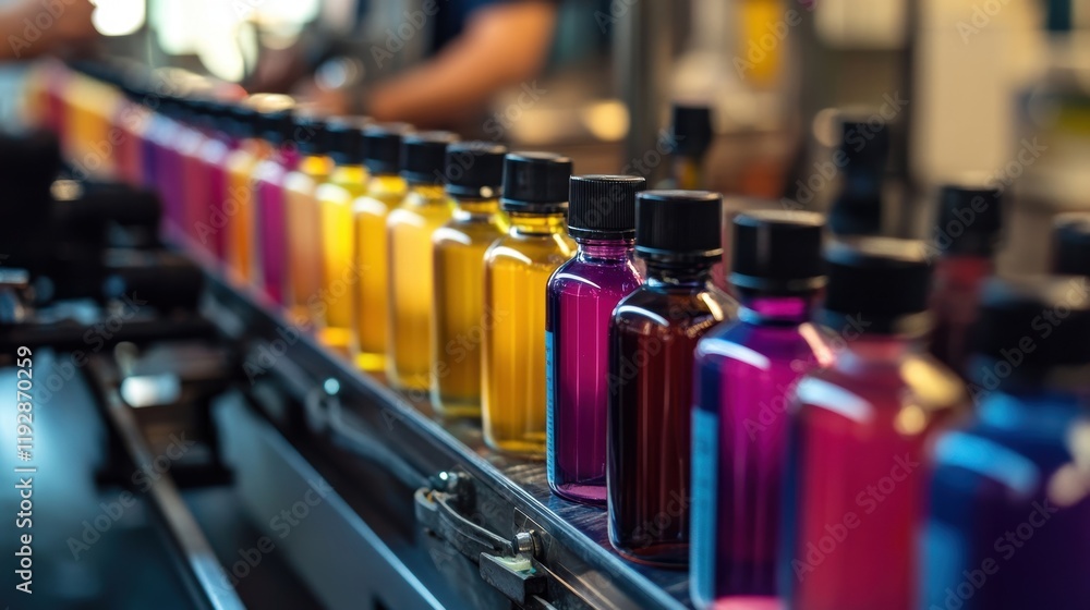 Poster colorful bottles containing different liquids are moving along a production line conveyer belt, show