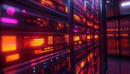 Fototapeta premium Futuristic Data Center Environment with Neon Lights and Digital Displays Representing Technology Infrastructure and Modern Computing Solutions