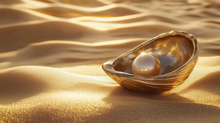 Obraz premium An open shell resting on warm beige and gold sand, with a luminous and perfectly round pearl inside