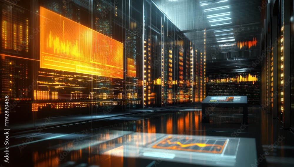 Poster futuristic data center interior with glowing screens and high-tech interfaces showcasing data visual