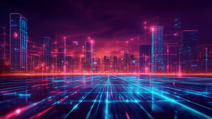 Futuristic urban landscape with neon lights, advanced technologies, and a visionary depiction of modern innovation and progress.  