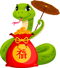 Cartoon asian horoscope snake character with holiday money bag gift, vector Chinese Lunar New Year. Cute green snake animal of asian zodiac calendar with chinese paper umbrella and holiday lucky coins