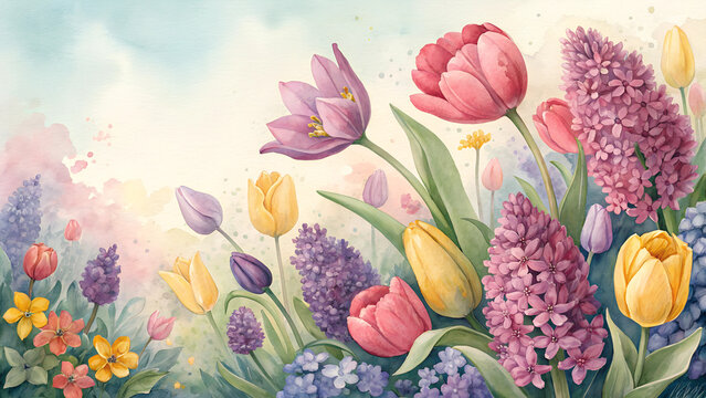 Vibrant bohemian watercolor floral background, hand-painted Novruz-inspired tulips and hyacinths, bright colors, joyful and beautiful spring celebration
