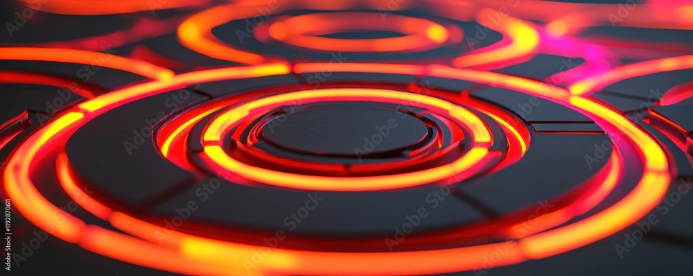 Poster a vibrant, abstract design featuring concentric circles in fiery orange and red hues, creating a dyn