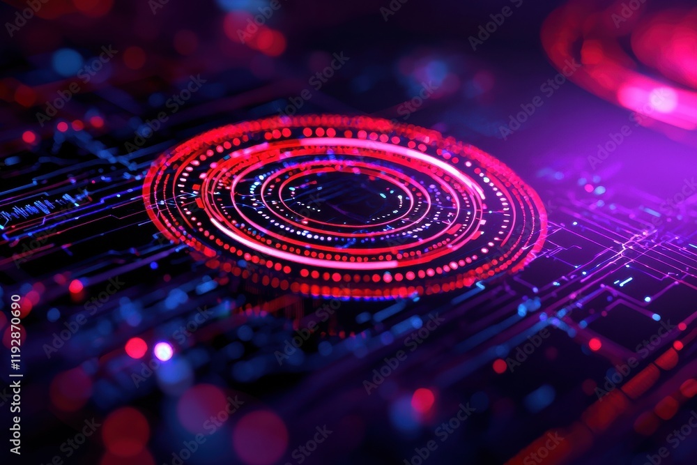 Poster a vibrant, abstract digital image featuring concentric circles and glowing lines, representing techn