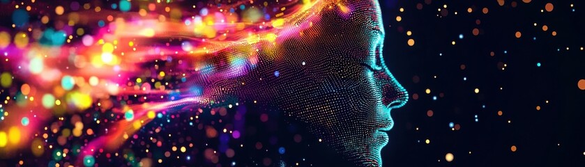 Obraz premium A vibrant, abstract illustration of a profile surrounded by colorful particles, symbolizing creativity and digital innovation.