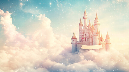 Naklejka premium Fairy Tale Illustration: Majestic Castle in the Clouds with Dreamy Sky and Copy Space