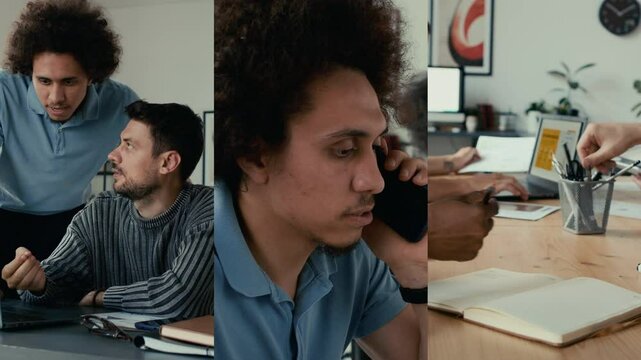 Split Screen of diverse colleagues having active business discussion, exchanging documents and man having important phone call in modern office