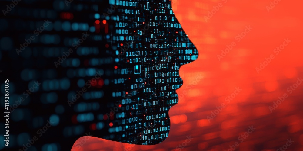 Poster a digital silhouette of a face composed of binary code, set against a vibrant red background, symbol