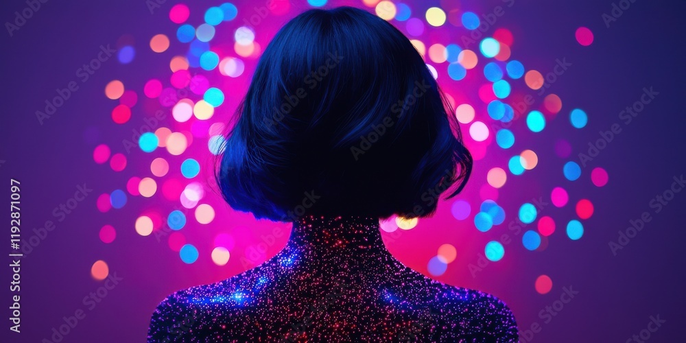 Poster a person with a sparkling body stands in front of a colorful, blurred backdrop of bright lights, cre