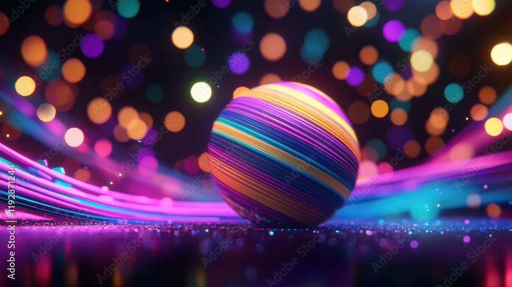 Poster a colorful, striped sphere sits amidst a vibrant, glowing background of swirling lights and bokeh ef