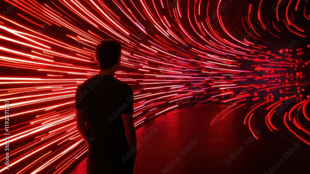 Poster a person stands against a backdrop of vibrant red light trails, creating a dynamic and immersive vis