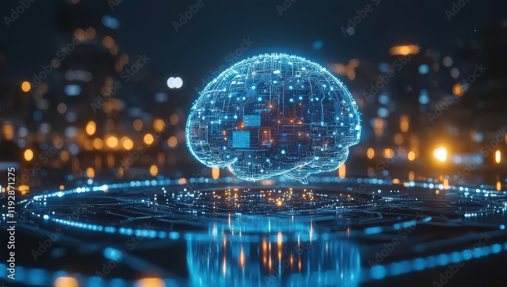 Poster futuristic digital brain model with data connections representing artificial intelligence and techno