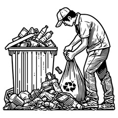 Worker Collecting Trash Near Overfilled Bin raster