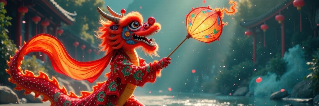 Colorful dragon dance performer swinging umbrella props , parades, drums, festival