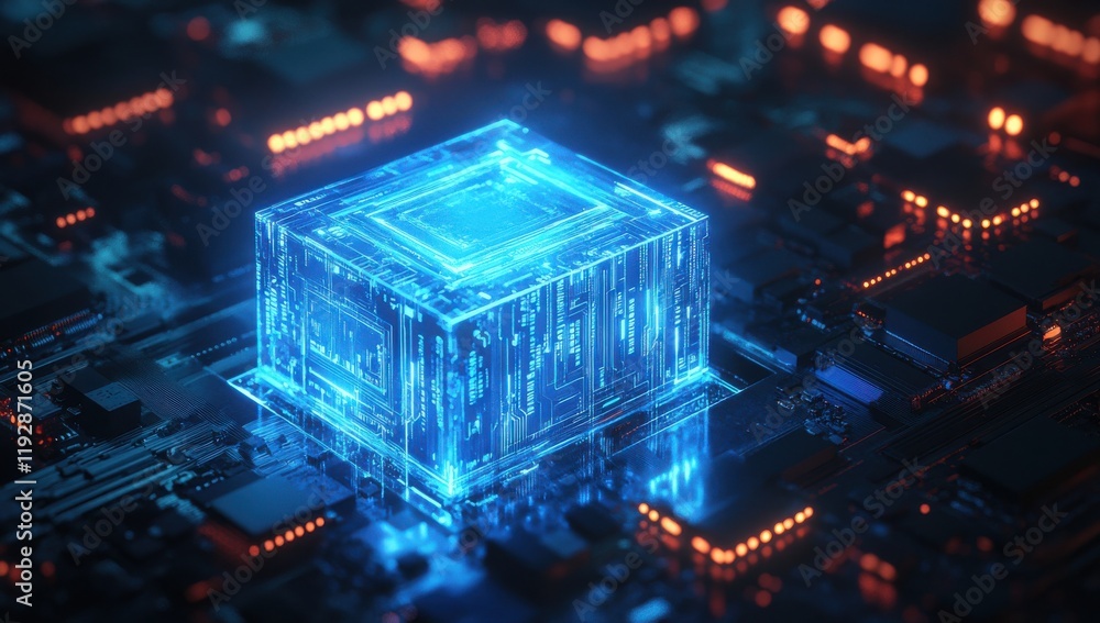 Aufkleber futuristic digital circuitry featuring a glowing blue processor amidst complex electronic components