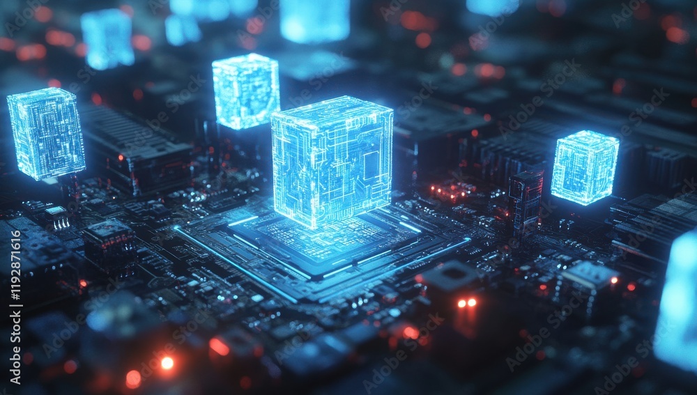 Poster futuristic digital circuit with glowing blue cubes representing data processing in a complex compute