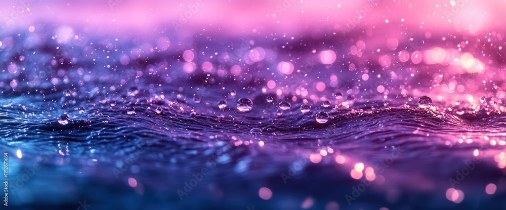 Poster abstract close-up of water droplets on a rippling surface with bokeh lights.