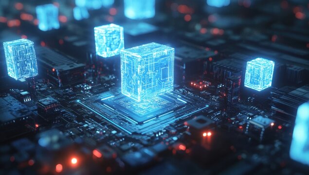 Futuristic Digital Circuit with Glowing Blue Cubes Representing Data Processing in a Complex Computer Architecture