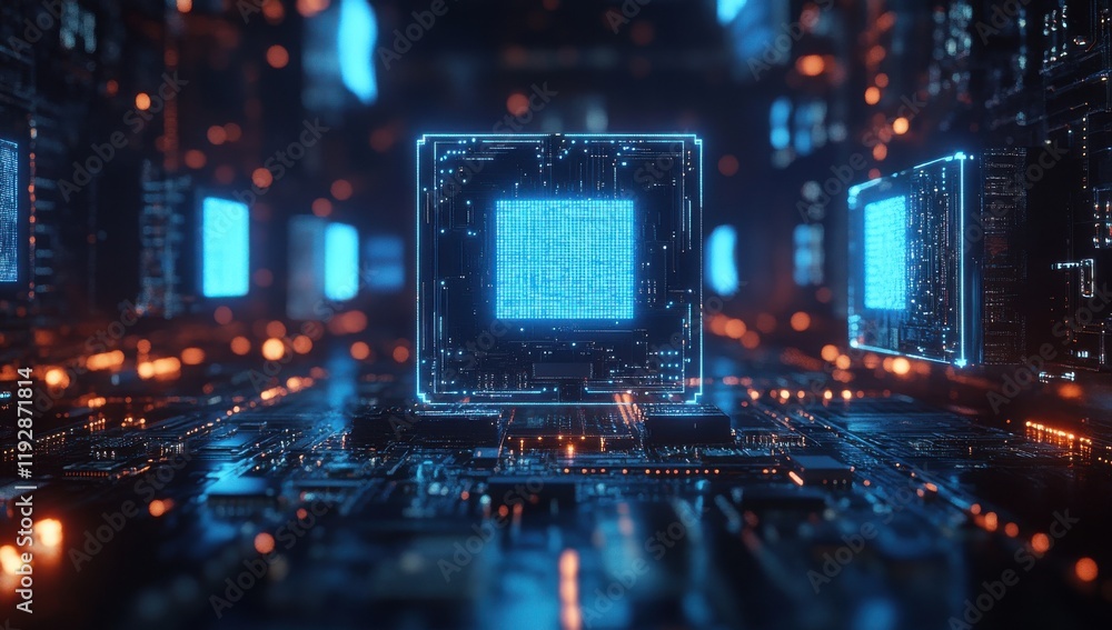 Poster futuristic digital circuitry with glowing microchips and blue lights, creating an immersive technolo