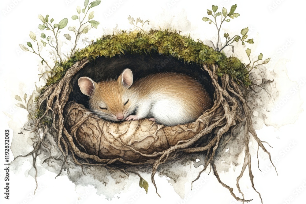 Poster Sleeping mouse nestled in a cozy nest surrounded by moss and roots in a serene forest setting. Generative AI