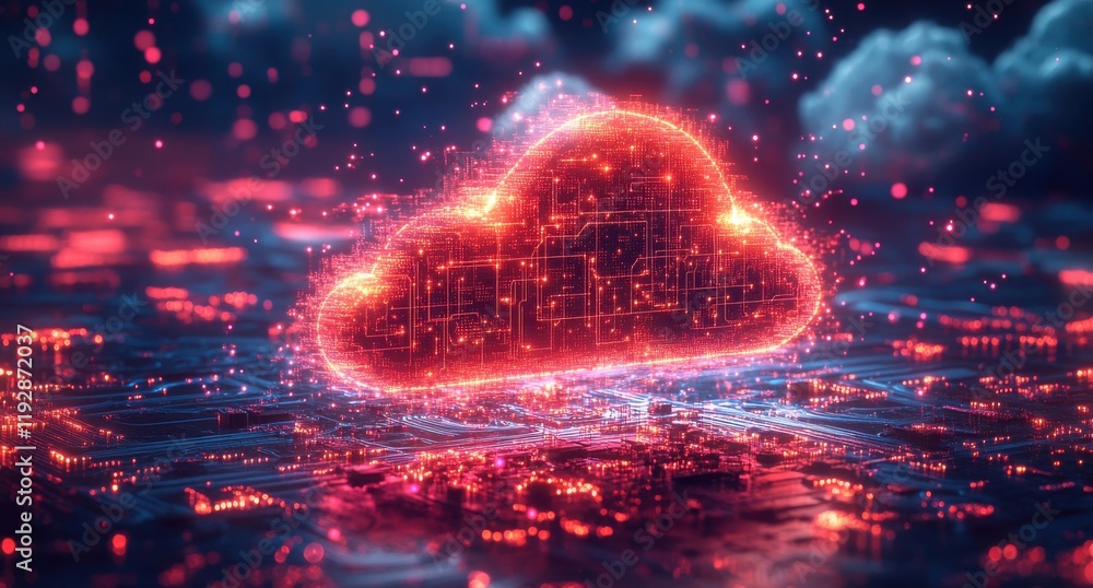Poster futuristic digital cloud interface with glowing circuits and abstract technology elements representi