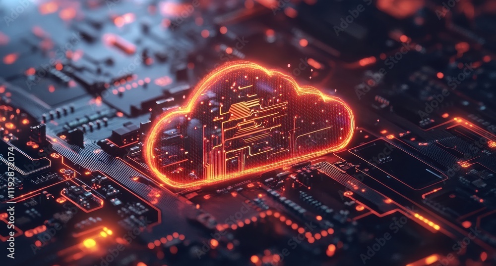 Poster futuristic digital cloud symbol overlaid on circuit board background representing advanced technolog