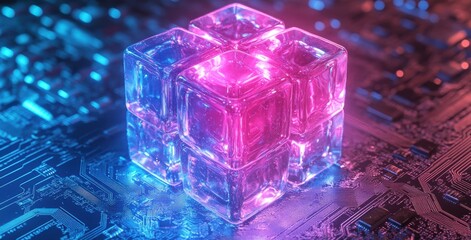 Futuristic Digital Concept of Glowing Cubes on Circuit Board, Representing Technology, Innovation, and Modern Design in a Vibrant Blue and Pink Color Palette