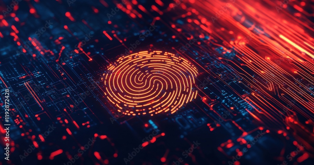 Poster futuristic digital fingerprint abstract representation on a circuit board with glowing red and blue 