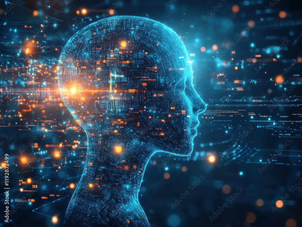 Poster futuristic digital human head silhouette with glowing bits and data streams representing ai, technol
