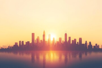 Illustration of a hopeful city skyline at dawn, with the first rays of sunlight reflecting off buildings, minimal background with copy space