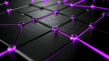 Representation of an AI-powered mind as glowing purple pathways on a glossy black background with subtle steel metallic textures, clean and bold