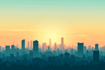 Fototapeta premium Illustration of a hopeful city skyline at dawn, with the first rays of sunlight reflecting off buildings, minimal background with copy space
