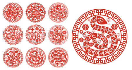 Snake reptiles with ornament for Chinese Lunar New Year and Asian holiday, vector symbols. Chinese New Year paper cut ornaments with snake, clouds and flowers for greeting card decoration and calendar