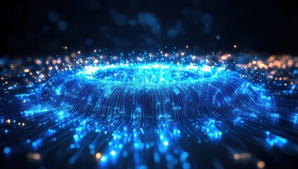 Futuristic Digital Landscape with Glowing Blue Particles and Waves Illustrating Technology, Data Flow, and Network Connectivity in a Vibrant Abstract Background